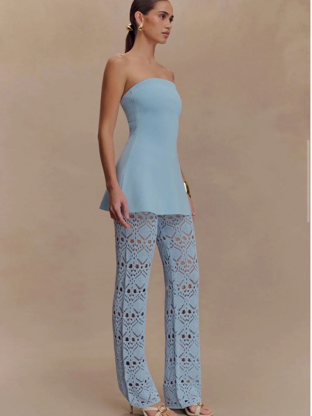 NWT Meshki Trena Crotchet Knit Pants- Sky Blue. Size M